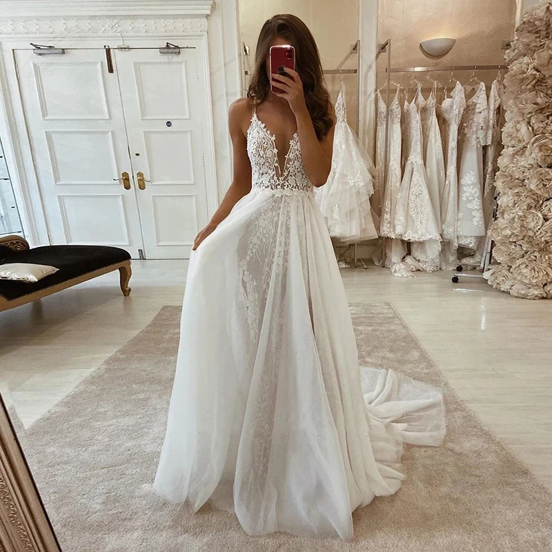 

Bohemian Long Split Fork V-neck Wedding Dress Boho Spaghetti Straps Appliques Lace Bridal Gowns Trouwjurk Robe De Mariée Mariage