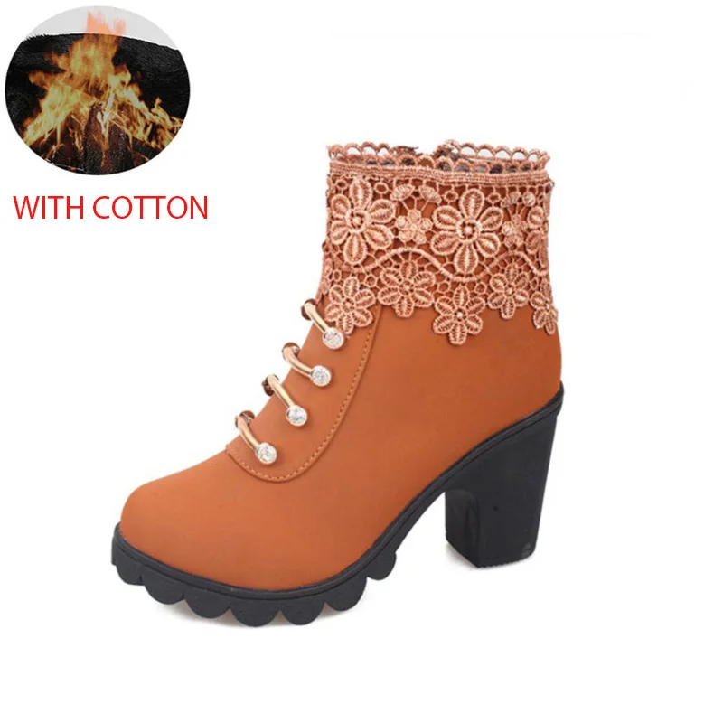brown cotton MCCKLE/женские ботильоны на платформе с кружевом и кристаллами; сезон осень; женская модная обувь на высоком квадратном каблуке с металлической молнией - Цвет: brown cotton