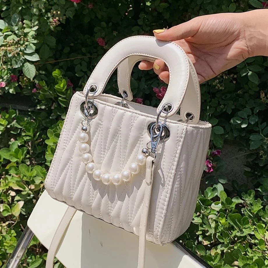 

Плиссированная Сумка-тоут с жемчужными ручками, Новинка лета 2021, женская дизайнерская сумка высокого качества из искусственной кожи, роско...