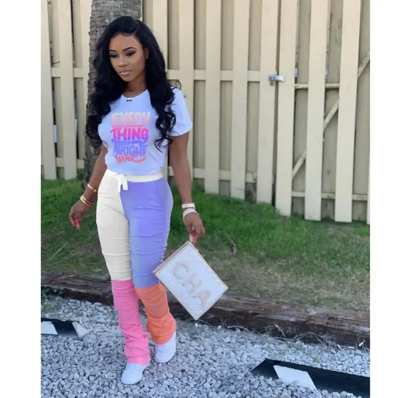 

Women Letter Print Tee Tops Patchwork Stracked Bell Bottom Jogger Sweatpant Suit Two Piece Set Sport Matching Set Outfit