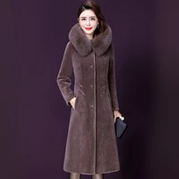 women sheep shearing coat winter 2021 fashion elegant thicken quilted outerwear hooded fur collar tops long wool blends female