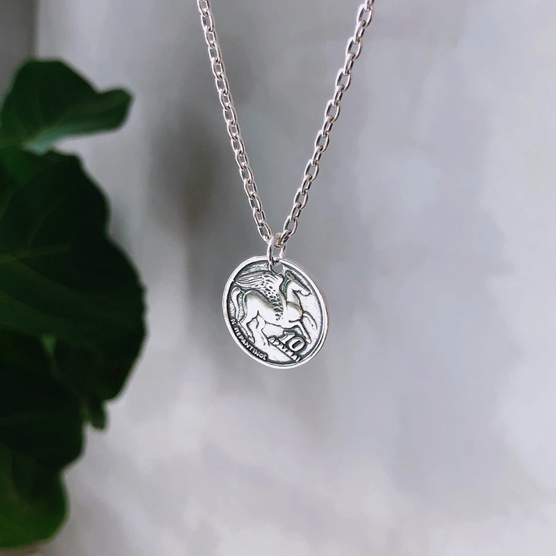 Louleur, 925 пробы, серебряное, греческое ожерелье с пегасом, Ретро стиль, круглая монета, кулон, свитер, цепь, ожерелье для женщин, Серебряное ювелирное изделие - Цвет камня: L2182SR00