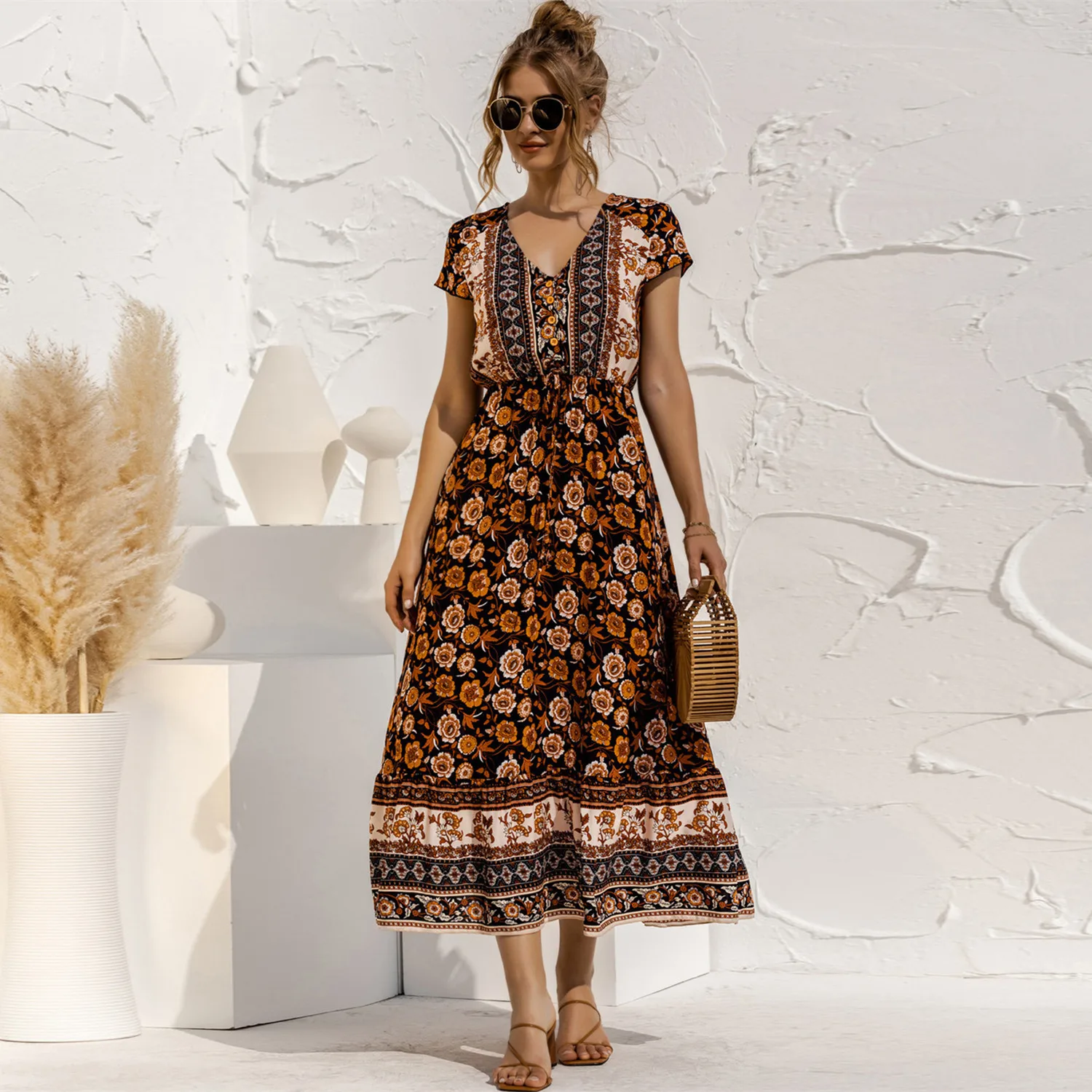 

Women's 2021 New Spring Summer V Neck Button Print Loose Robe Fashion Short Sleeve Casual Bohemian Splicing Ankle Length Dresses