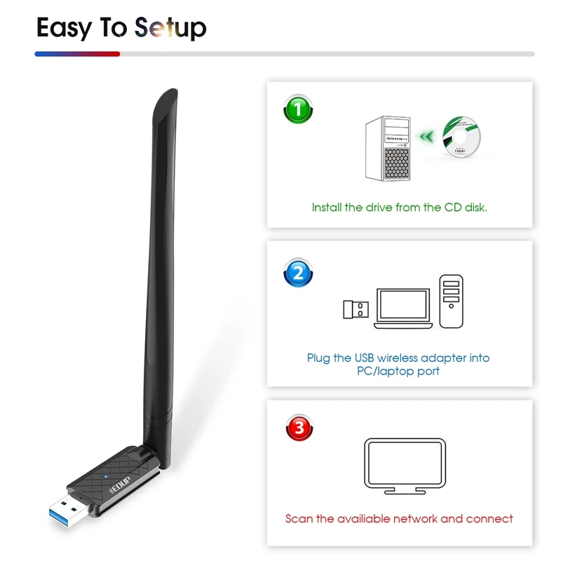 Wi-Fi адаптер EDUP EP-1687 USB 3 0 AC 1300 Мбит/с двухдиапазонный 2 4/5 ГГц беспроводной сетевой