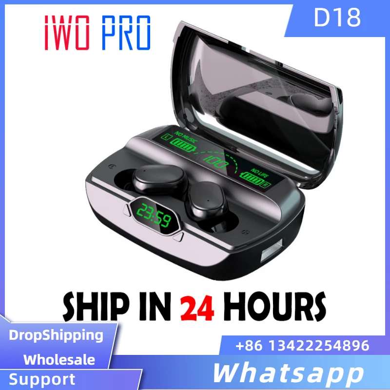 

2021 беспроводные наушники D18, наушники Bluetooth 5,0 TWS, стереонаушники, гарнитура с микрофоном и светодиодным дисплеем, внешний аккумулятор