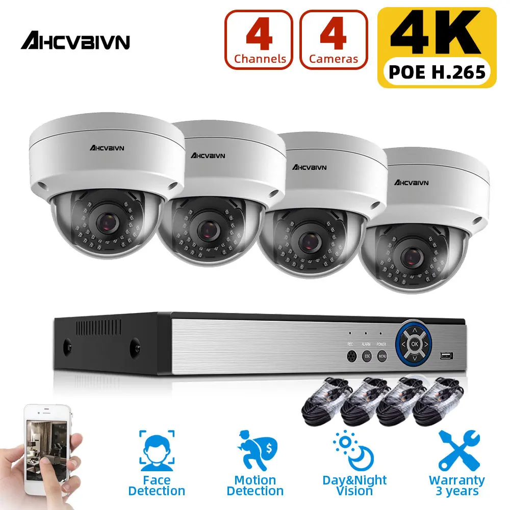 

Комплект видеонаблюдения AHCVBICN 4K Ultra HD, комплект ip-камер 8 Мп poe, 4-канальная купольная камера безопасности, система видеонаблюдения H.265 Nvr XMeye ...