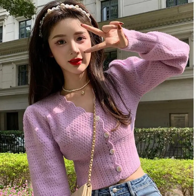 

Women's Knitted Cardigan V Neck Single-Breasted Knitted Cardigan Short Sweater French Retro Solid Coat Female Autumn Sweaters