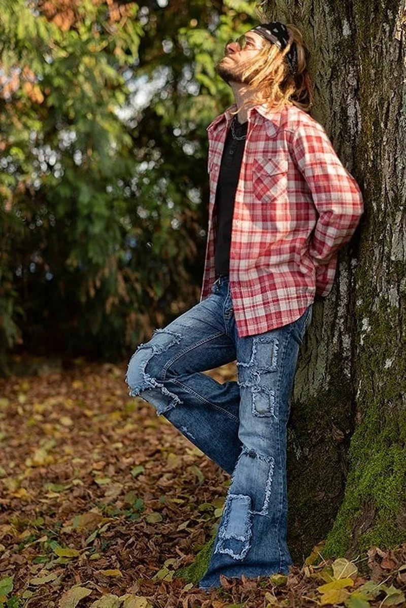 New Men Jeans Patch Elastic Flare Pants Retro Denim Jeans for Men Fashion Patchwork Jeans Casual  Men Clothing