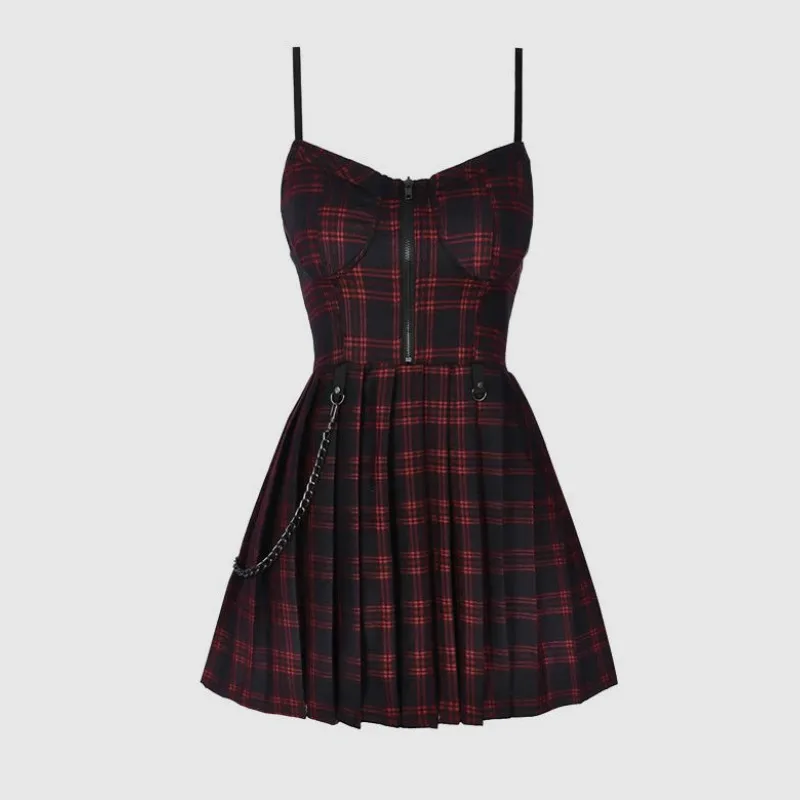 

Women's Goth Dress Gothic Harajuku Red Plaid Punk Rave Mini Slip Dress 2021 Emo Accessories Summer Sundress Fashion Women