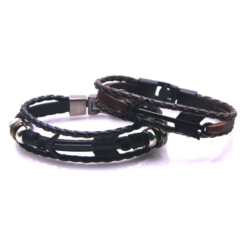 Браслет из 2020 кожи винтажный черный серебристый с якорем многослойный амулет для