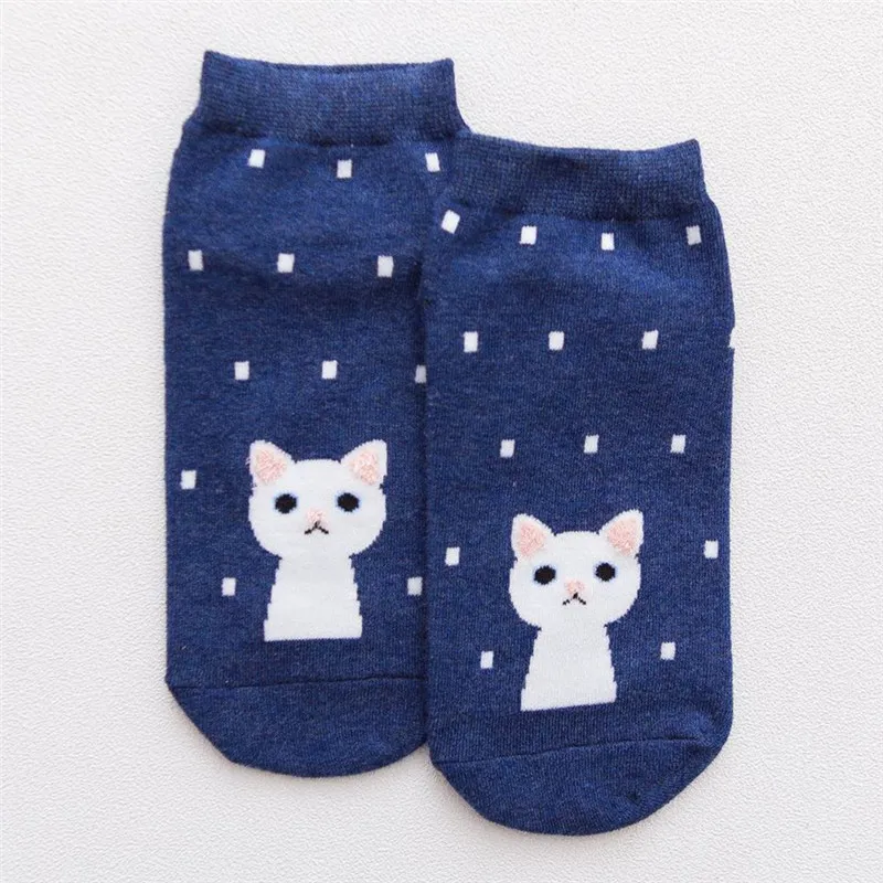 Blue Cat Dots Милые носки в горошек с рисунком кота для девочек; мягкие женские хлопковые носки; сезон весна-лето-осень-зима; модные Молодежные носки до щиколотки - Цвет: Blue Cat Dots