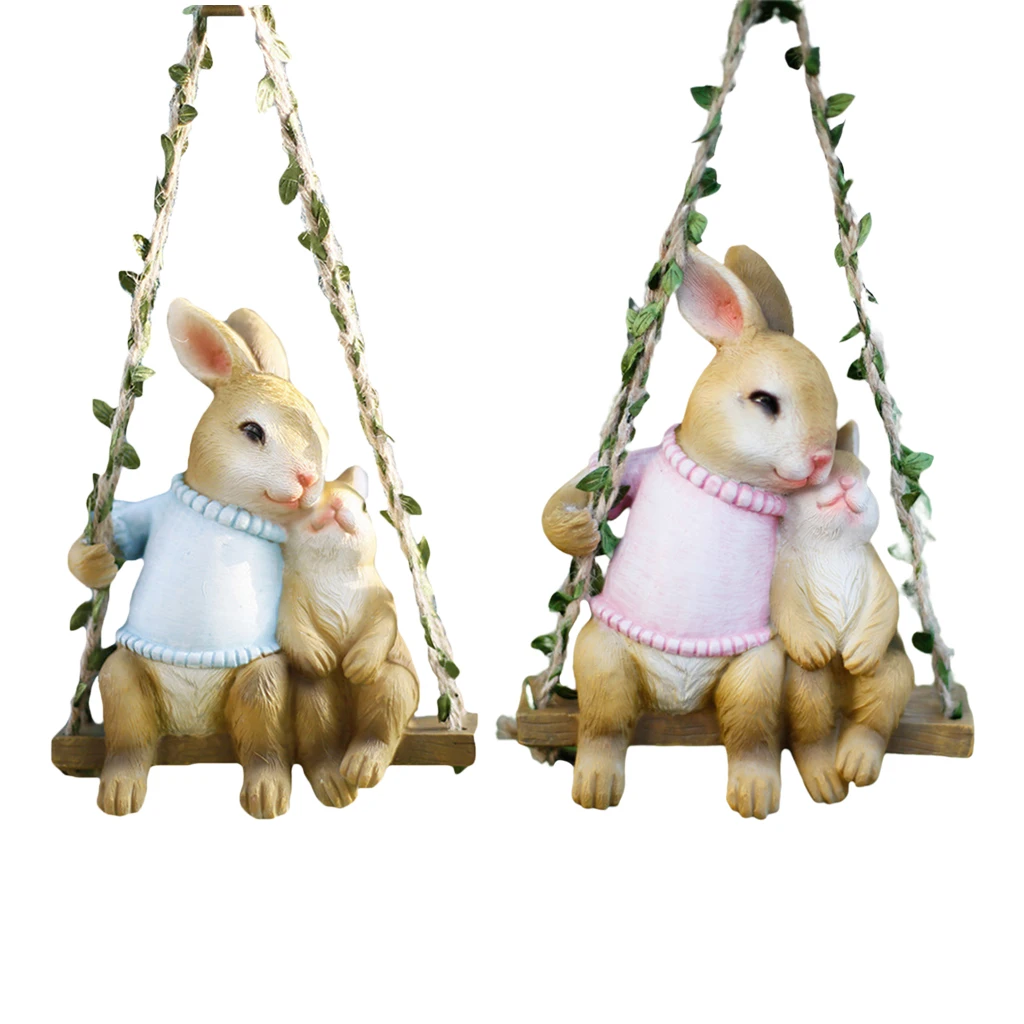 

Rabbit Swing Statue Resin Bunny Sculpture Funny Garden Hanging Decoration Courtyard Micro Fairy Landscape Crafts Gift