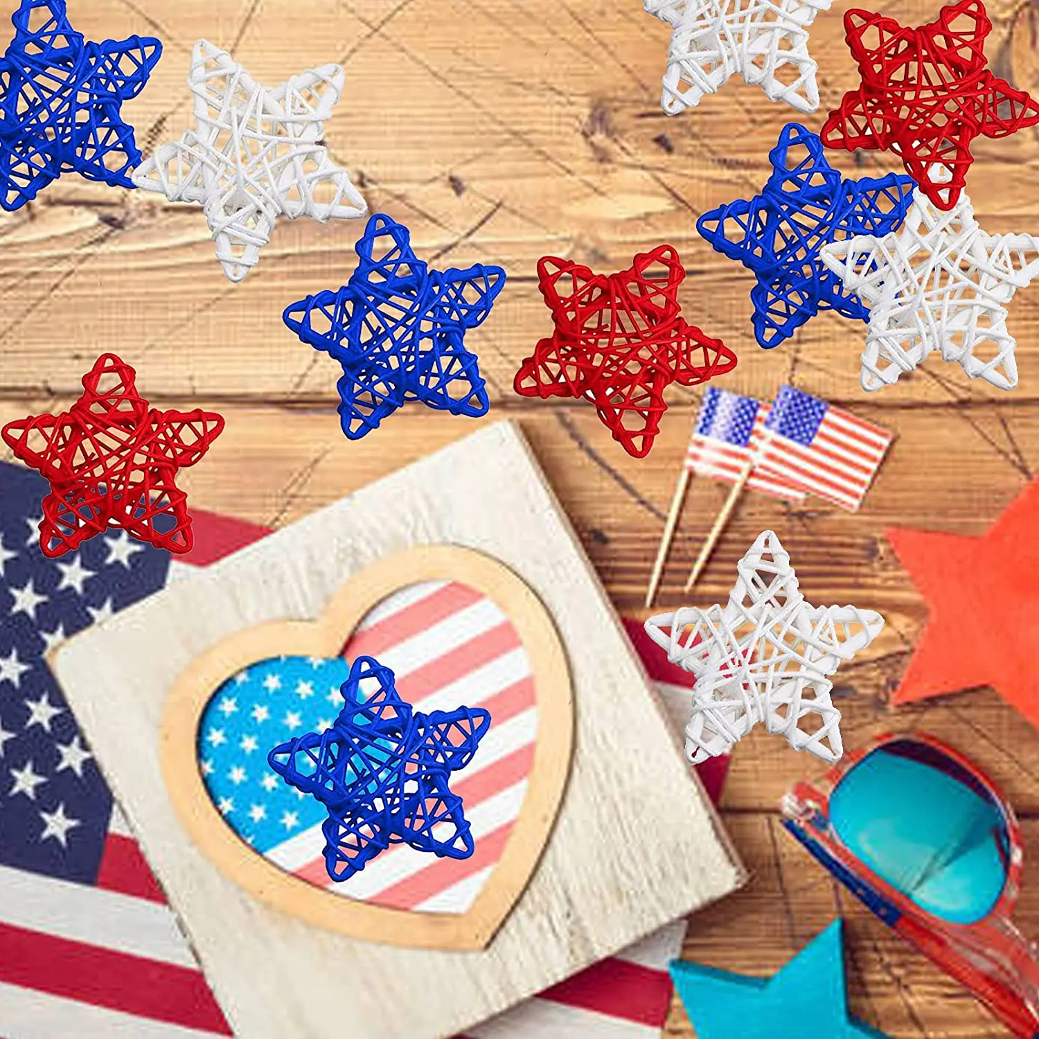 

15 Pcs 4th of July Star Shaped Rattan Balls Decoration Red White Blue for DIY Independence day Ornament