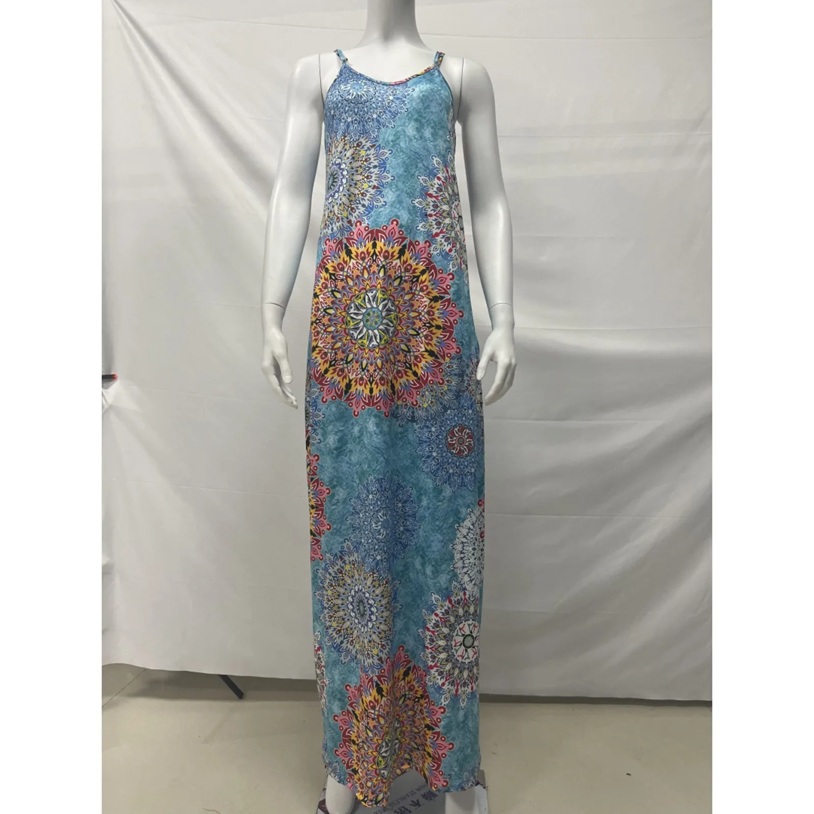 

40# Vintage Boho Long Dress Sexy V-neck Straight Strap Dress Women Elegant Pocket Sleeveless Floor Length Dress Casual Robe