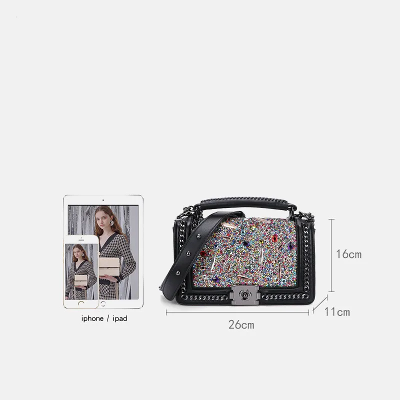 

2020 Women New Fashion PU Unique Shiny Diamonds Patchwork Pattern Handbag Shoulder Bag Crossbody with Chain Office Daily