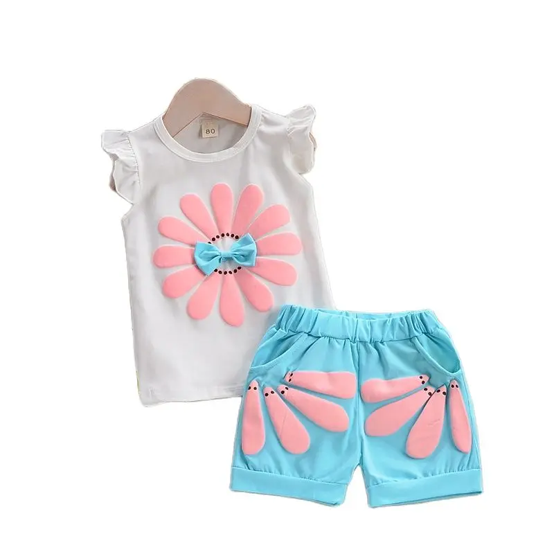 Комплект летней одежды для маленьких девочек хлопковая Повседневная футболка
