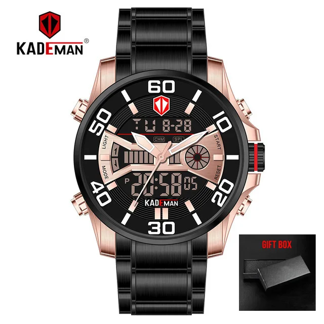 rose gold black KADEMAN спортивные цифровые часы с двойным дисплеем Мужские кварцевые часы Лидирующий бренд водонепроницаемые армейские военные полностью Стальные наручные часы Relogio - Цвет: rose gold black