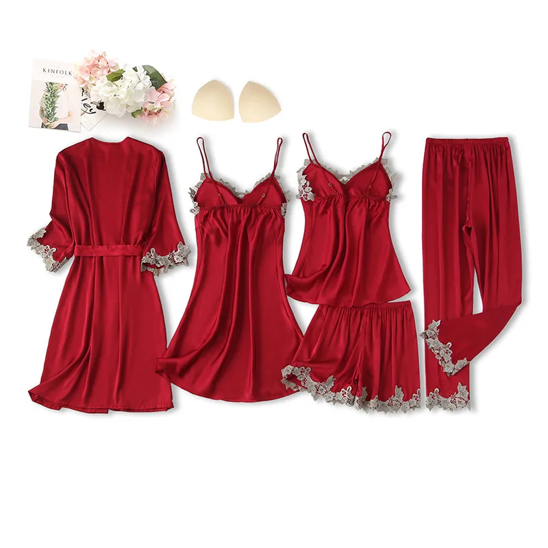 

5PCS Pajamas Set Satin Sexy Sleepwear Women Summer New Faux Silk Nightwear Kimono Bathrobe Gown Lace Pijamas With Chest Pads