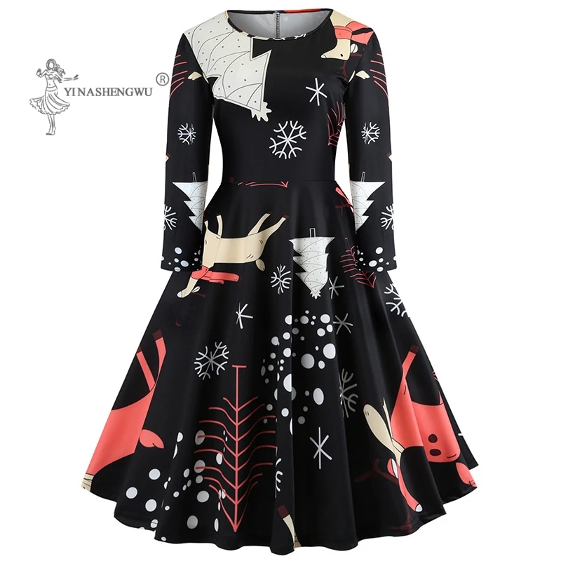 

Рождество для женщин с длинными рукавами Зима облегающее черное платье с принтом для девочек средней длины; Осенняя элегантная обувь в винт...