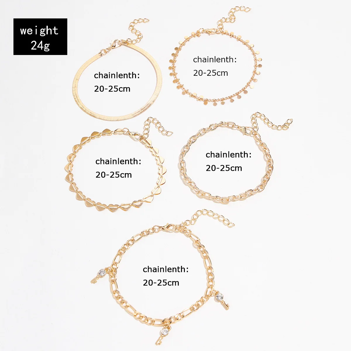 

Punk Hollow Love Anklet Disc Snake Chain Diamond Key Tassel Pendant 5-Piece Anklet