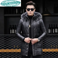 genuine mens down long winter sheepskin coat fox fur collar real leather jacket men 82x27327 kj2427