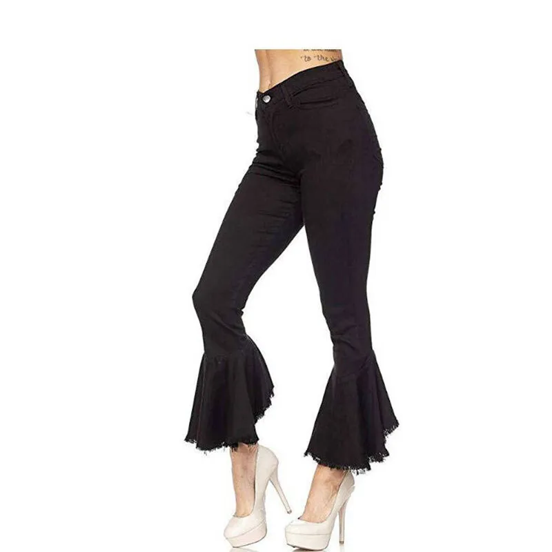 2021 Women's Micro Horn Nine Points European And American Fashion Fringed Irregular Slim Slim Fashion Jeans Spandex Mid Light