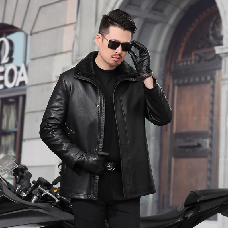 

2021 Warm High Quality Men's Sheepskin Eco Natural Fur Coat Winter Male Windbreak Motorcycle Genuine Real Bomber Leather Jacket