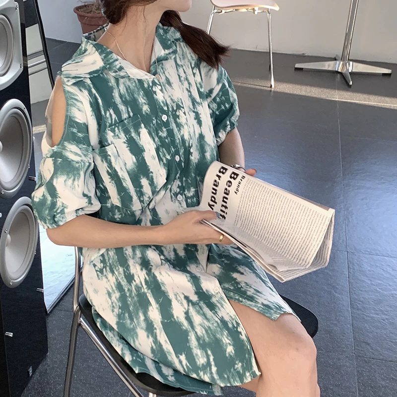 

Hzirip Korean Single-Breasted Design Tie-Dye Women's New Slash Neck 2021 Summer Hot Fashion Loose Short-Sleeved Shirt Dress