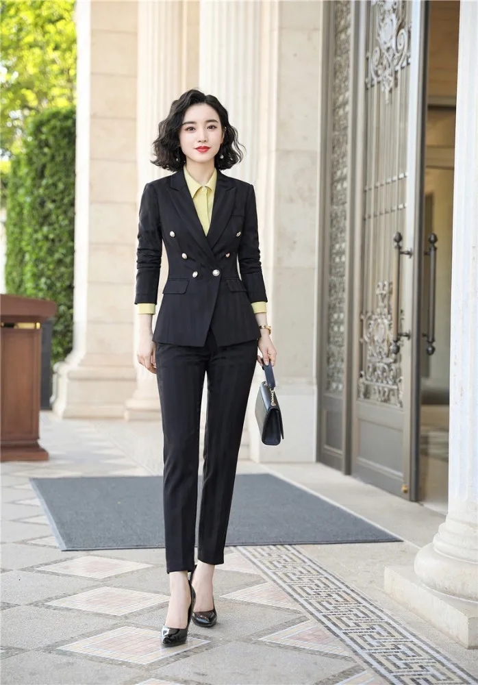 High Quality Fabric Novelty Wine Striped Women Business Suits with Pants and Blazer Coat Autumn Winter Professional Pantsuits