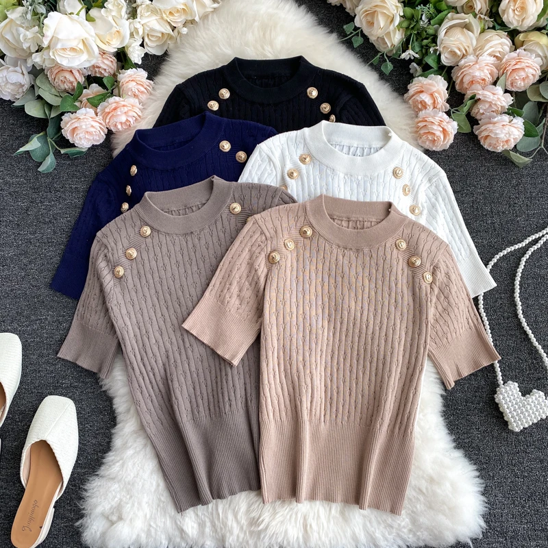 

Short Sleeve O-neck High Quality Sweater Shirts With Decorated Buttons Girls Stretchy Crop Tops Sweaters Pullovers For Women