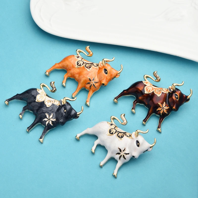 

Wuli&baby Enamel Flower Cattle Brooches Women 4-color Bull Ox Animal New Year Party Brooch Pins Gifts