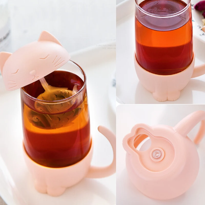 

Lovely Glass Cup Tea Cat with Fish Filter Strainer Glass Cup Tea Infuser Filter Mug Home Office Container Gift
