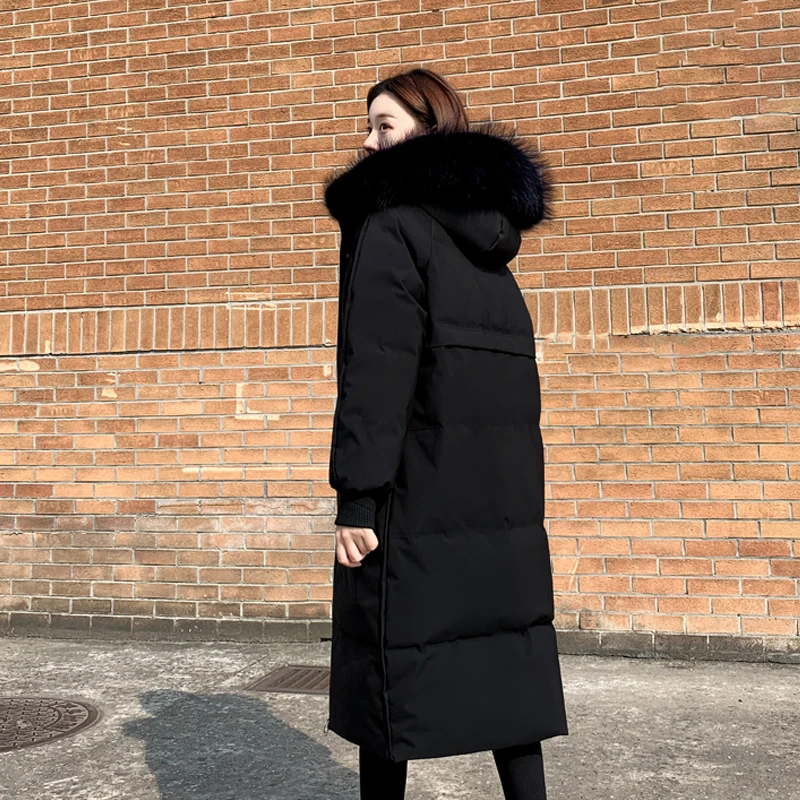 

Women Designer Black Down Winter Coat Large Fur Collar Hoody White Duck Down Jacket Plus Size Long Down Coat Doudoude Femme 2020