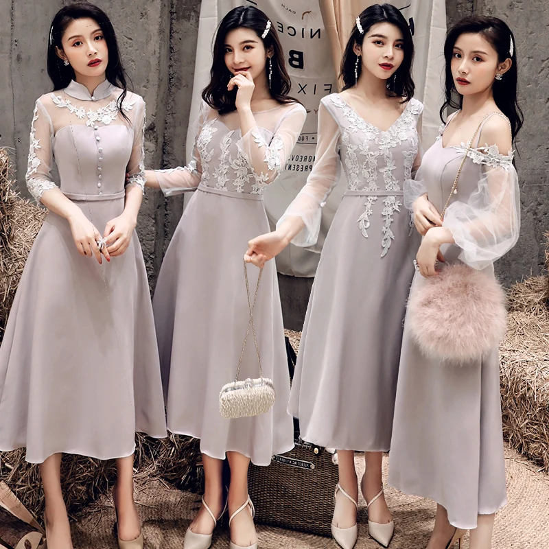 

Luxury Silver Bridesmaids Dresses Illusion V-Neck Embroidery Lace Tulle Off The Shoulder Sashes Women Wedding Party Gown E076