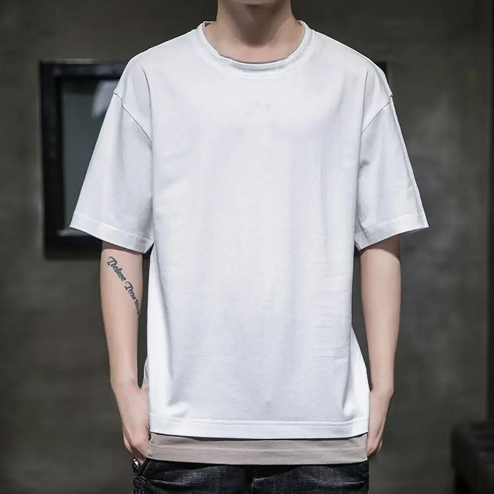 

Stylish Men T-shirt Fake Two Piece Solid Color Summer Short Sleeve Round Neck Top for Dating