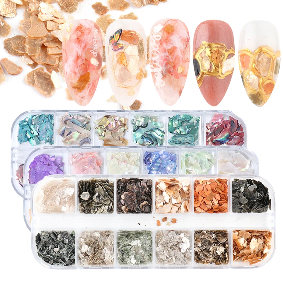 

12Grids Irregular Abalone Shell Natural Rhinestone 3D Gradient Marble Stone Mica Slice Gem DIY Manicure Paillette Flakes NLYM