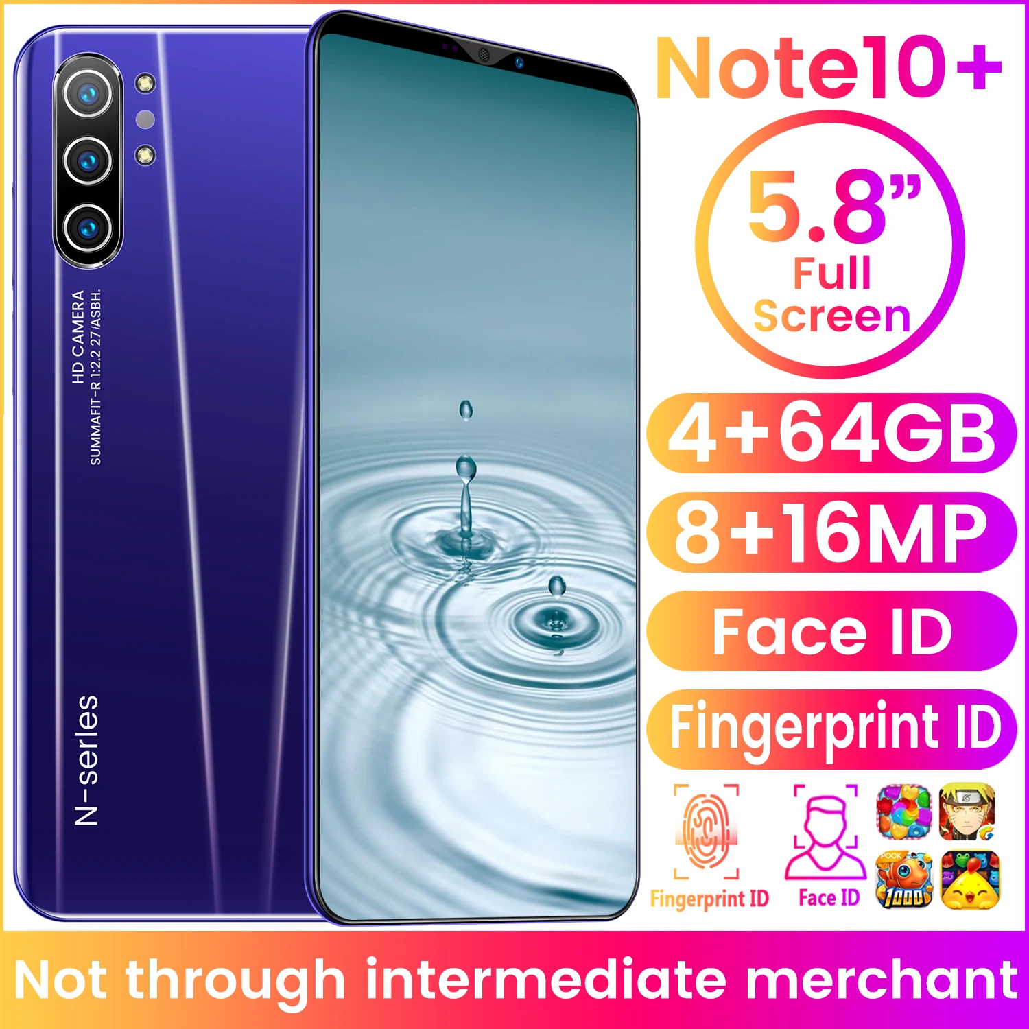 

Global Version Full Screen Note10+ 5.8 Inch 4+64GB Smartphone 5G 8+16MP 8 Core Support Google Dual SIM Face ID Network Cellphone