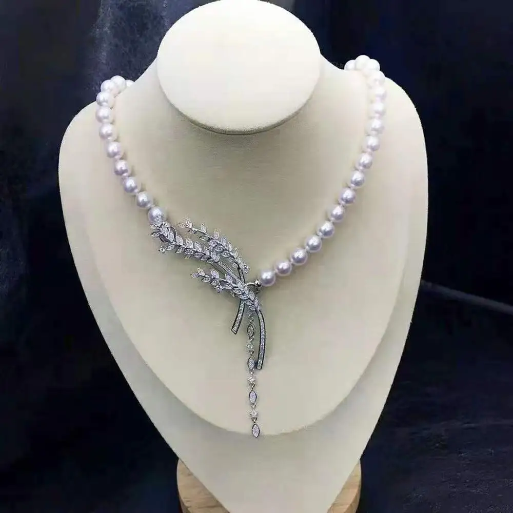 

Hand knotted 45cm 8-9mm white nearly round freshwater pearl micro inlay zircon accessories necklace fashion jewelry