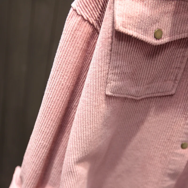 

Spring Vintage Corduroy Shirt Women Korean Loose Long Sleeve Bottoming Blouse Retro Casual Solid Turn-down Collar Pockets Tops