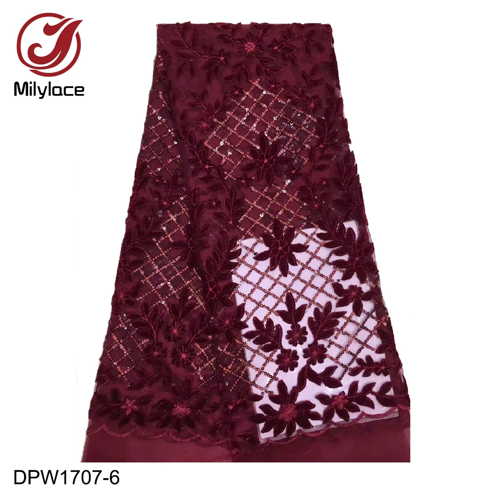 

French Nigerian Lace Fabric 5 Yards Velvet Embroidery Tulle Lace Fabric with Sequins for Party Dresses Material DPW1707