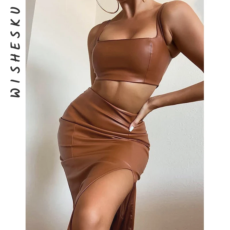 

Women Faux Leather PU Two Piece Set Sexy Corset Tank Tops+High Waist Split Bodycon Midi Skirts 2021 Autumn Harajuku Goth Outfits