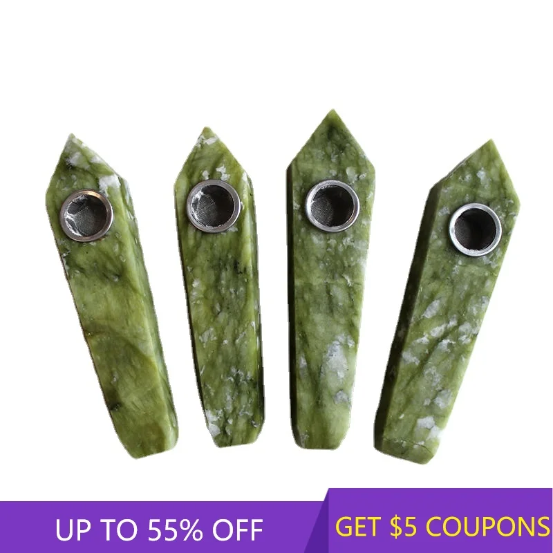 

AAA Natural Serpentine Jade Stone Quartz Smoking Pipe Healing Crystal Point Wand Obelisk Rock Pipes W/ Carb Hole Home Decor Gift
