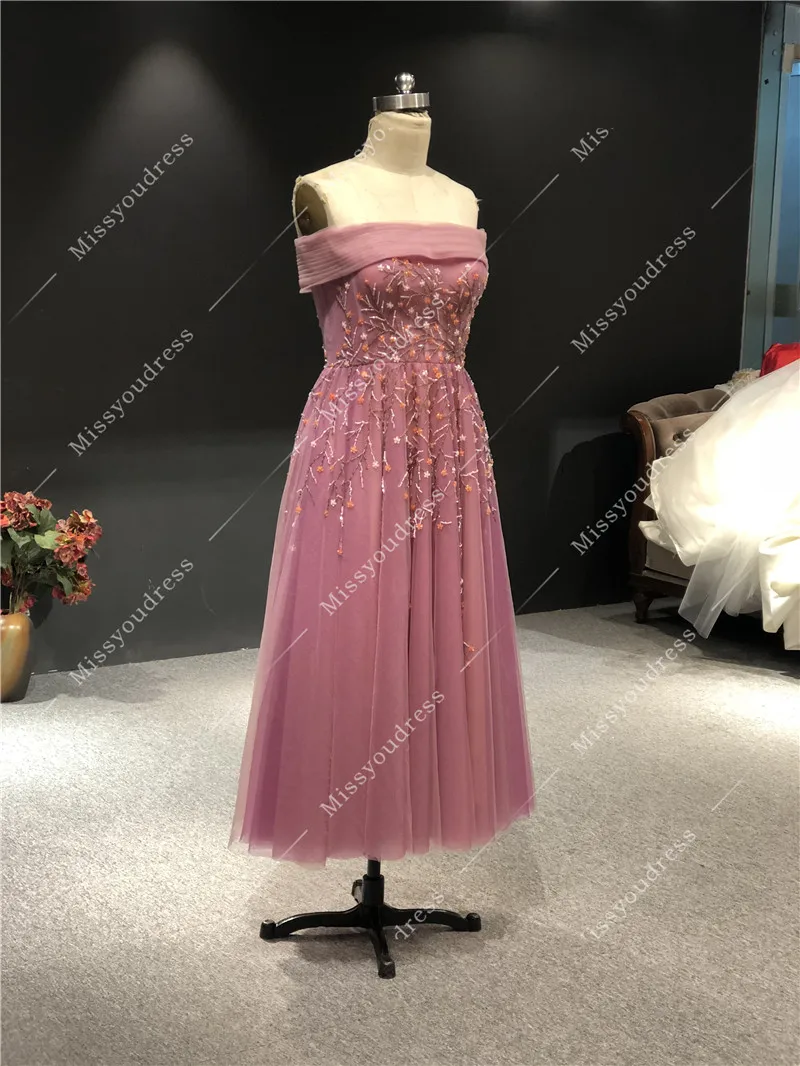 Georgeshobeika 2021 100% Real Pictures Red Bean Paste Heavy Beads Boat Neck Tea Length Prom Party Bridal Dancing Evening Dresses