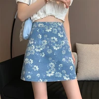 skirts 2021 floral print denim mini skirt sweet spicy female new summer high waist slim joker short skirt bag hip skirt a line