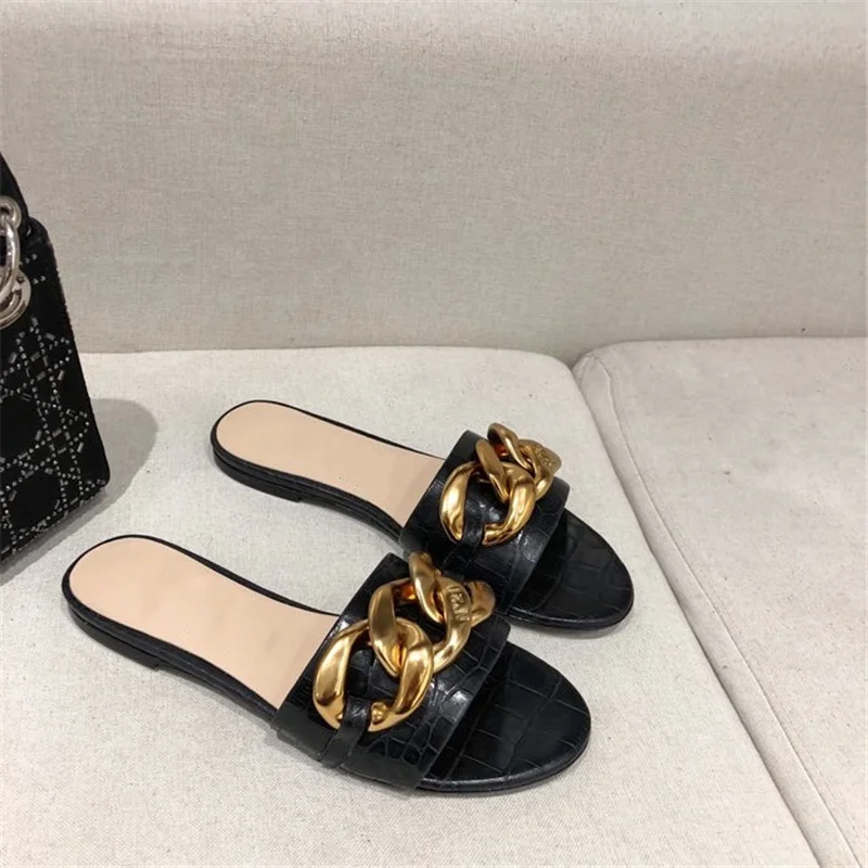 

Flats Slippers for Women 2021 Summer New Detachable Metal Chain Sandals Popular Leisure Leather Luxury Brand Ladies Slides