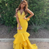 fashion yellow beaded mermaid prom dresses deep v neck lace appliqued evening gowns plus 2020 floor length satin formal dress