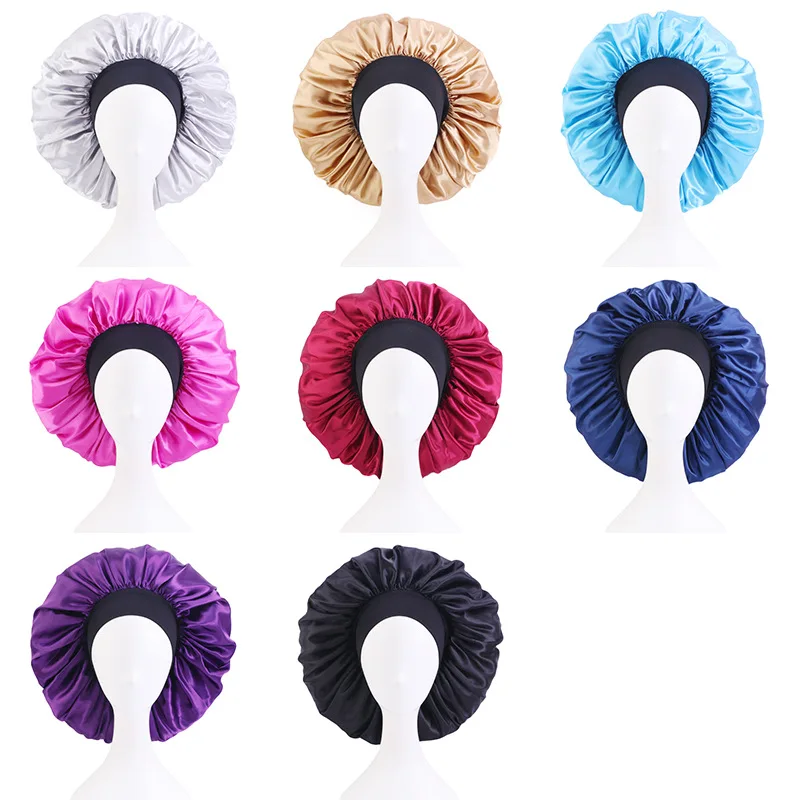 

New Extra Large Satin silk Bonnets Solid Elastic Band Comfortable Night Sleep Hat Hair Care Chemo Cap Headcove Hair accessories