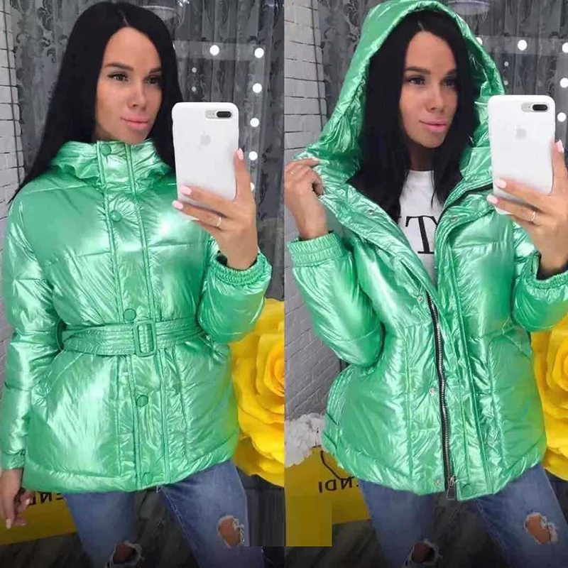 Блестящая Серебристая зимняя куртка Женское зимнее пальто с поясом Женская