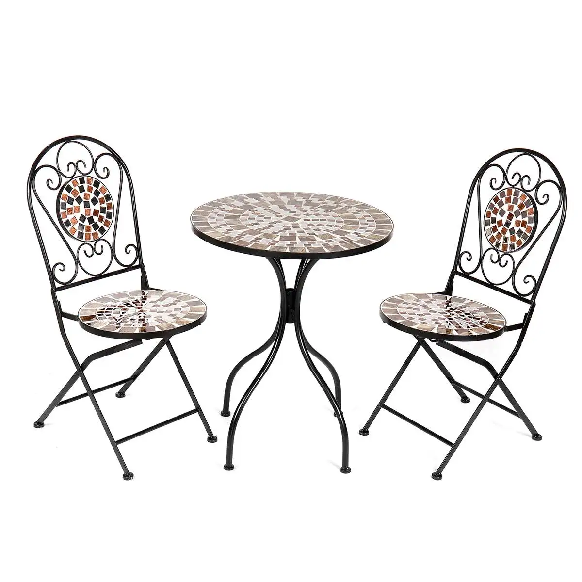 

3Pcs/Set Iron Floral Pattern Design Bistro Patio Set Round Table and 2XFoldable Chairs Set Furniture Garden Outdoor Seat