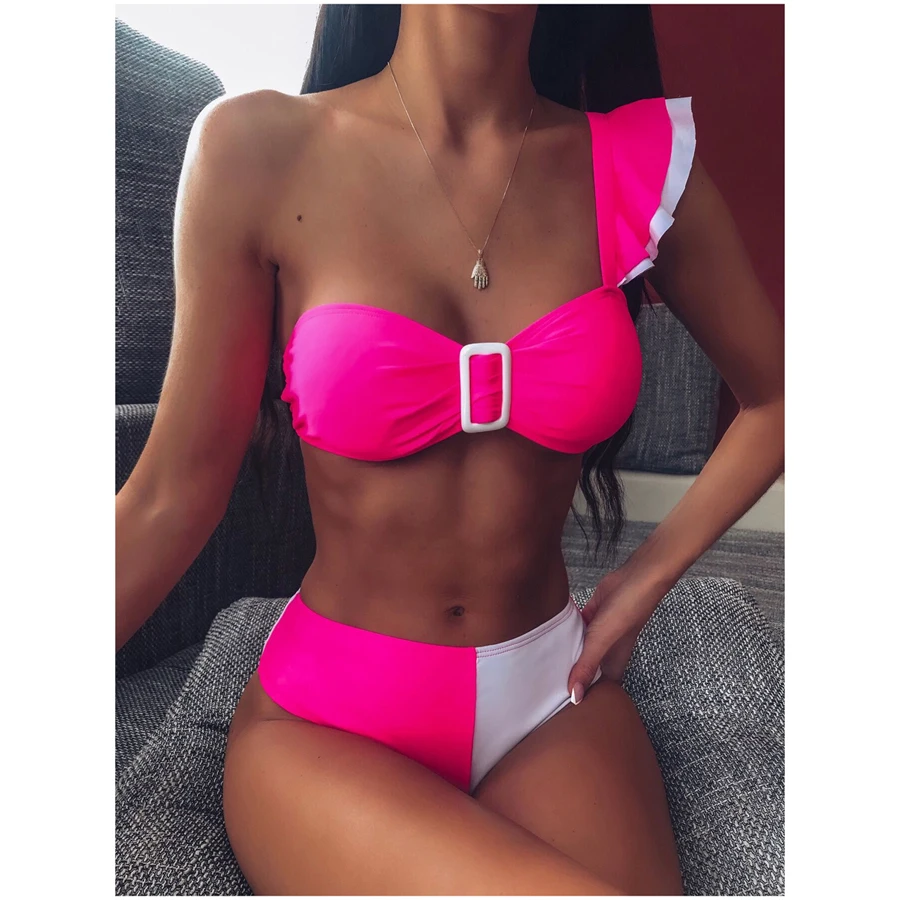 

ZMTREE Single Shoulder Swimwear Retro Printed Swimsuit Women Bikinis Bathing Suit Thong High Waist Beachwear Swim Set 2020